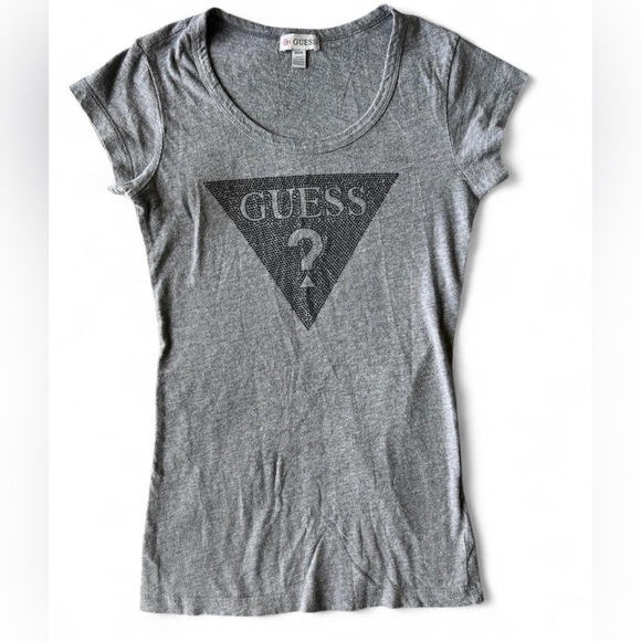 Vintage Y2K Grey Guess Rhinestone Logo T-Shirt Classic Grunge Extra Small - Picture 1 of 11
